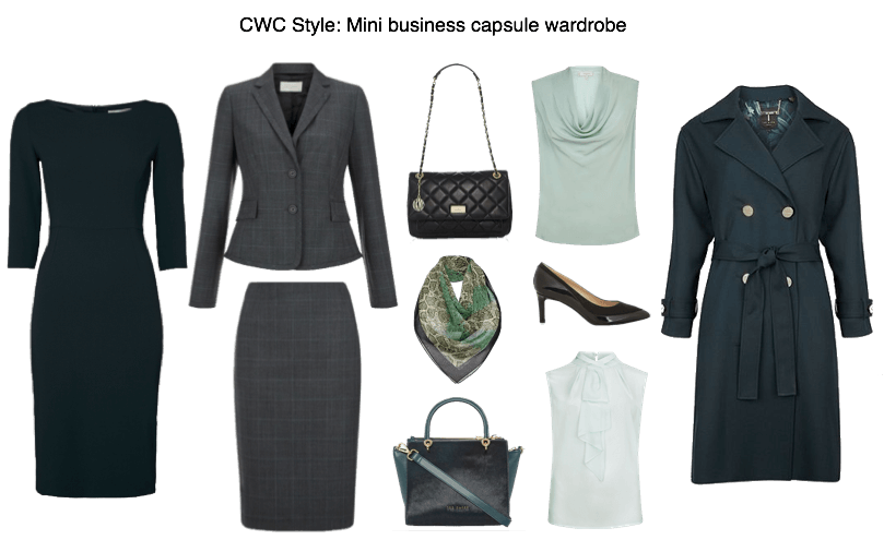 Business capsule wardrobe for women in Fern and Mint colours