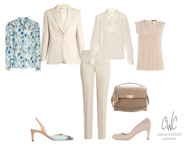 Neutral exeuctive style business capsule wardrobe featuring an ivory business suit curated by Caroline Wolf, Personal Stylist of Capsule Wardrobe Collection