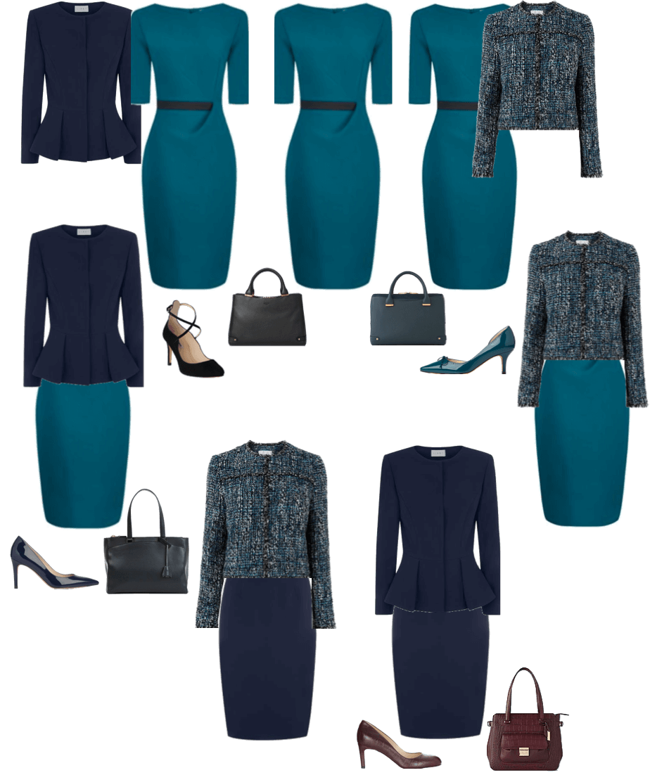Business capsule wardrobe of 7 outfits from 4 core pieces curated by Capsule Wardrobe Collection