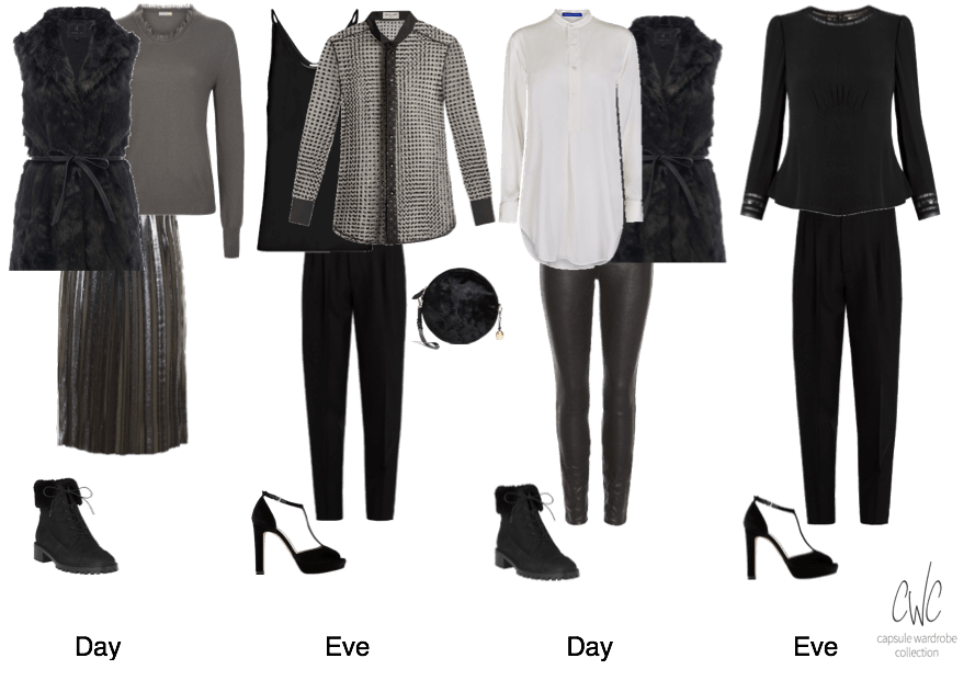 ADay and Evening outfits can be created from the 11 piece Christmas Capsule Wardrobe curated by Caroline Wolf of Capsule Wardrobe Collection