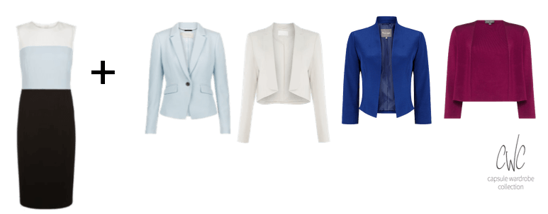 One business dress with four jackets to create a good return on investment on your Business Capsule Wardrobe For Women