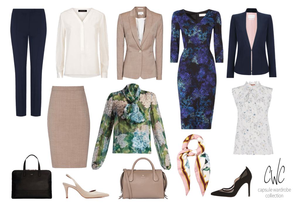 Business capsule wardrobe with floral prints