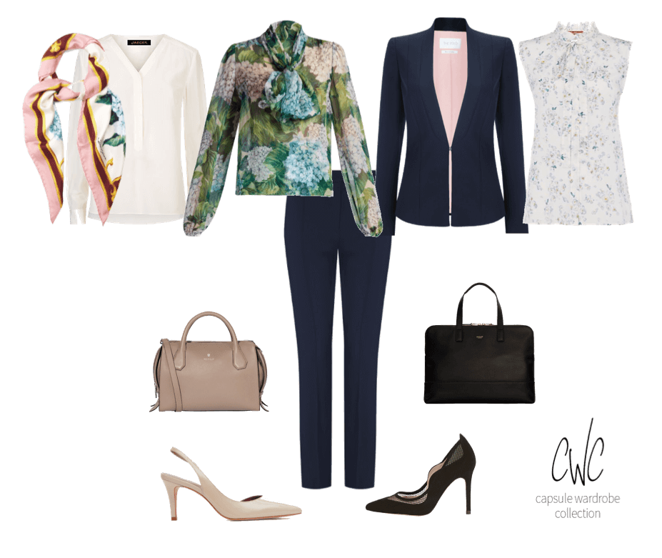 Business capsule wardrobe: trouser suit with floral prints