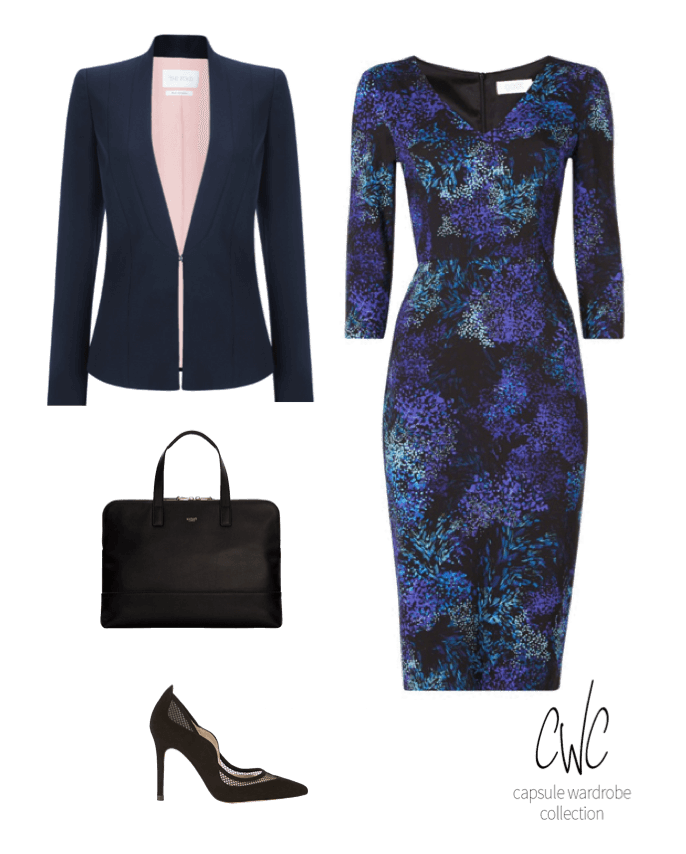 Business capsule wardrobe with blue floral dress
