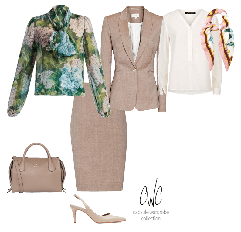Business skirt suit with floral prints for a business capsule wardrobe