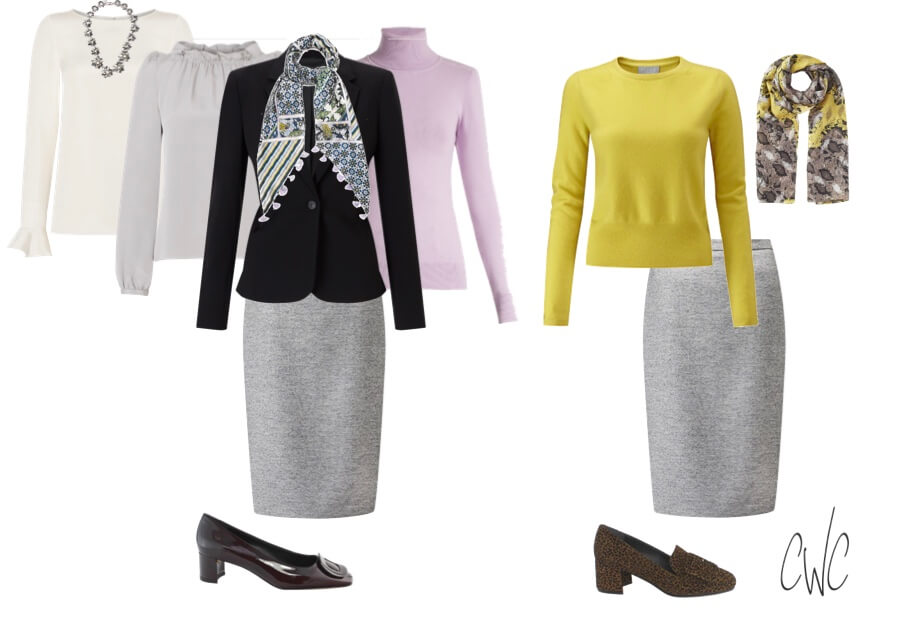 Grey skirt in a capsule wardrobe with Spring 2018 seasonal colours.